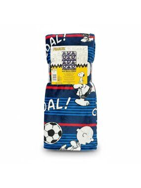 Peanuts Snoopy Soccer Silk Touch Throw Blanket 40" X 50" Blue Red Stripes Goal D